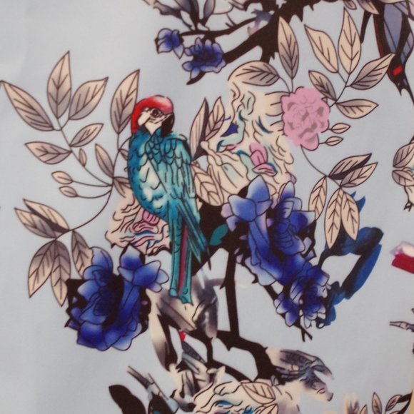 BCBG Parrot & Floral Graphic Print Satin Sheath Dress- Sz 2 - Picture 3 of 8